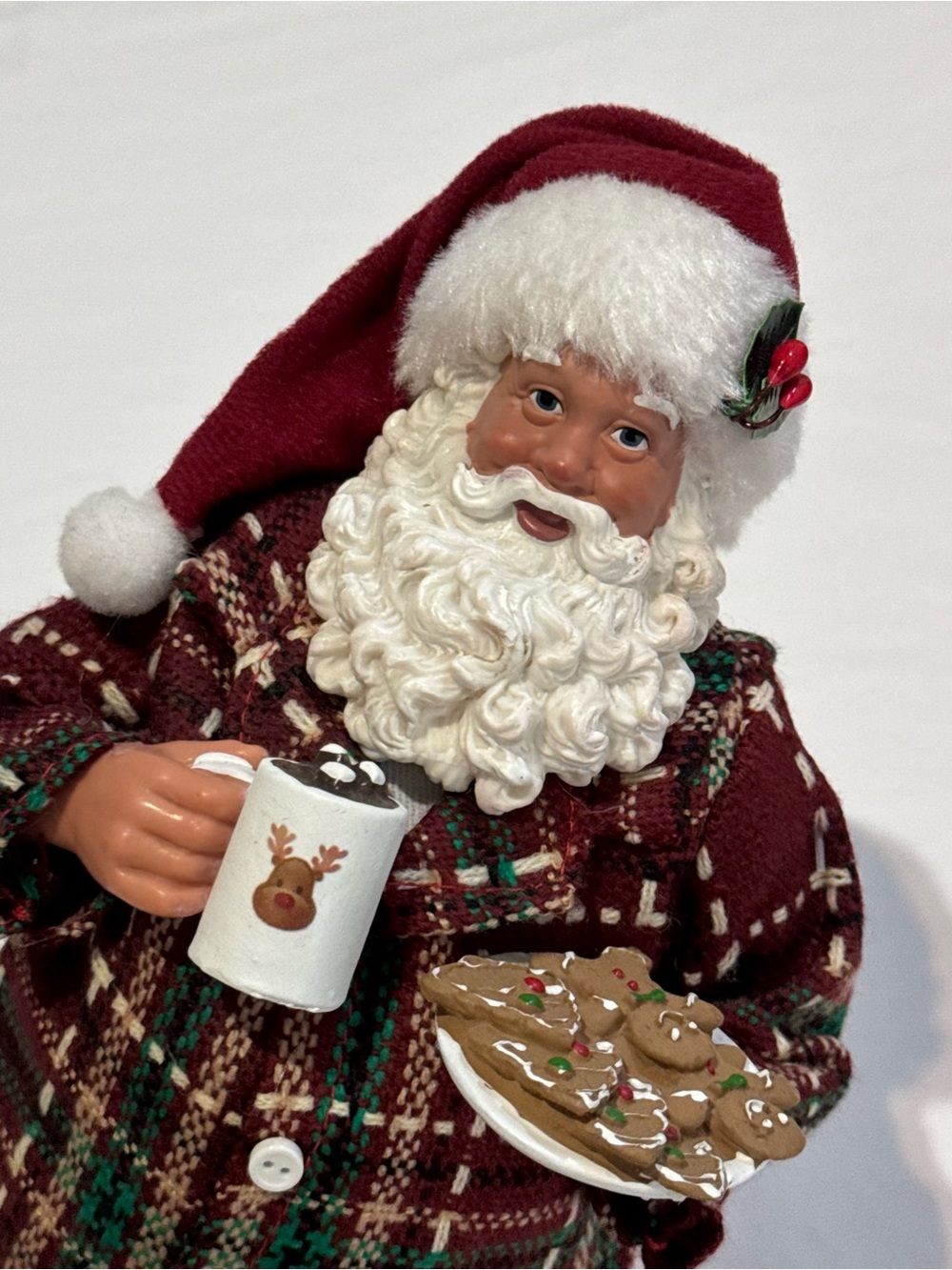 Holiday Santa Figurine in Burgundy Plaid with Cookies and Cocoa